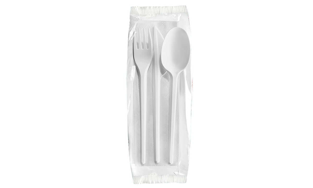 Set cubiertos - servilleta, tenedor, cuchillo y cuchara sopera blanco x UND